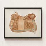 Detailed Illustration Ornate Tan Leather Saddle Intricate Gold 1930s Equestrian Art, Mesmerizing, Woods