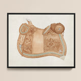 Detailed Watercolor Illustration Tan Leather Western Saddle Intricate 1930s Equestrian Art, Mesmerizing, Woods