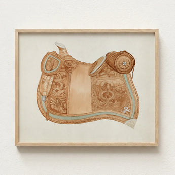 Detailed Illustration Tan Leather Western Saddle Ornate Gold 1930s Equestrian Art, Mesmerizing, Woods