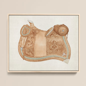 Detailed Illustration Tan Leather Western Saddle Ornate Tooled 1930s Equestrian Art, Mesmerizing, Woods