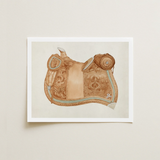 Delicately Illustrated Tan Leather Saddle Intricate Gold-toned Tooled 1930s Equestrian Art, Mesmerizing, Woods