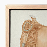 Detailed Illustration Tan Leather Saddle Ornate Floral Scrollwork 1930s Equestrian Art, Mesmerizing, Woods