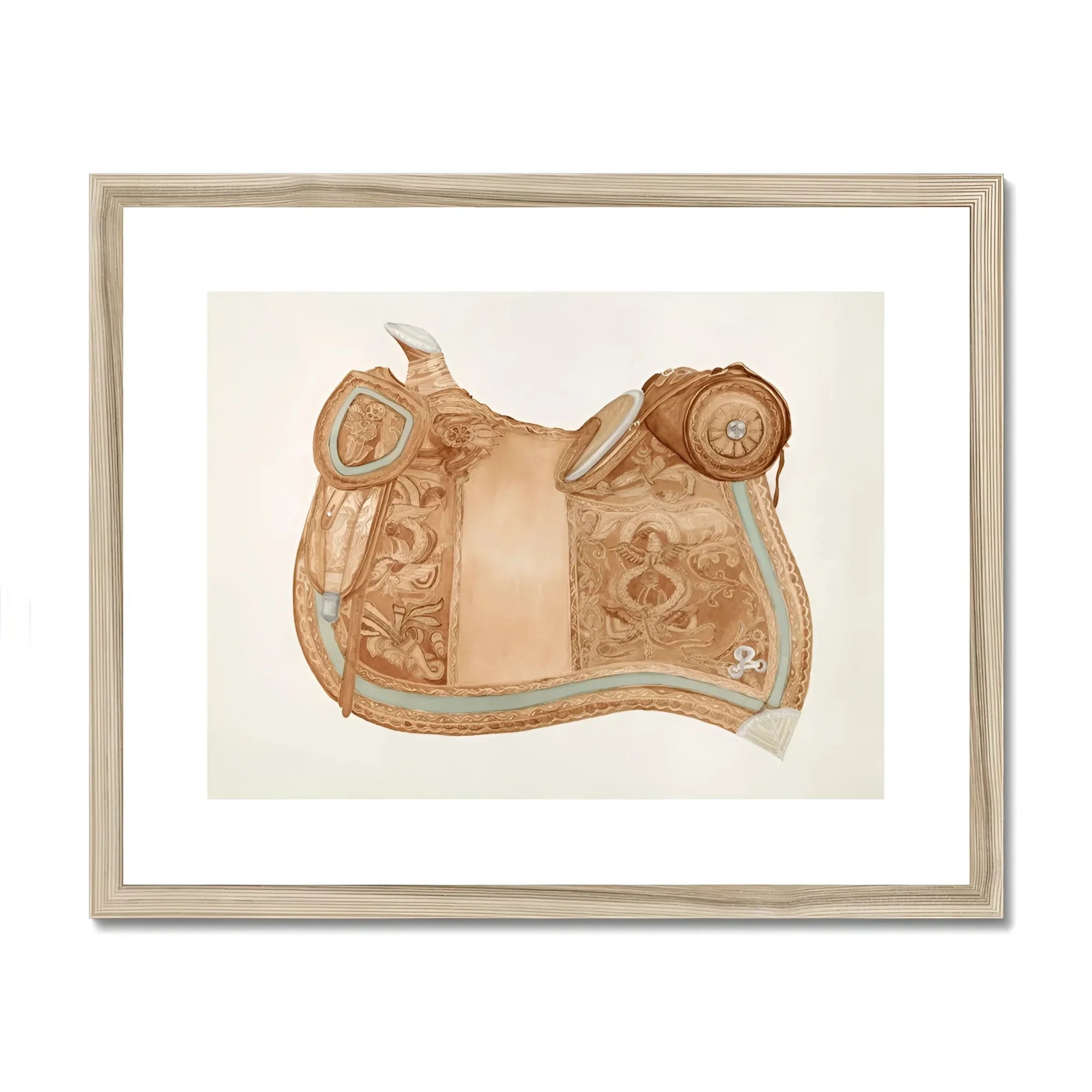 Leather Saddle - Ranka S. Woods 1930s Art Print, Ornate Leather Saddle Decorative Tooled Patterns Turquoise Trim