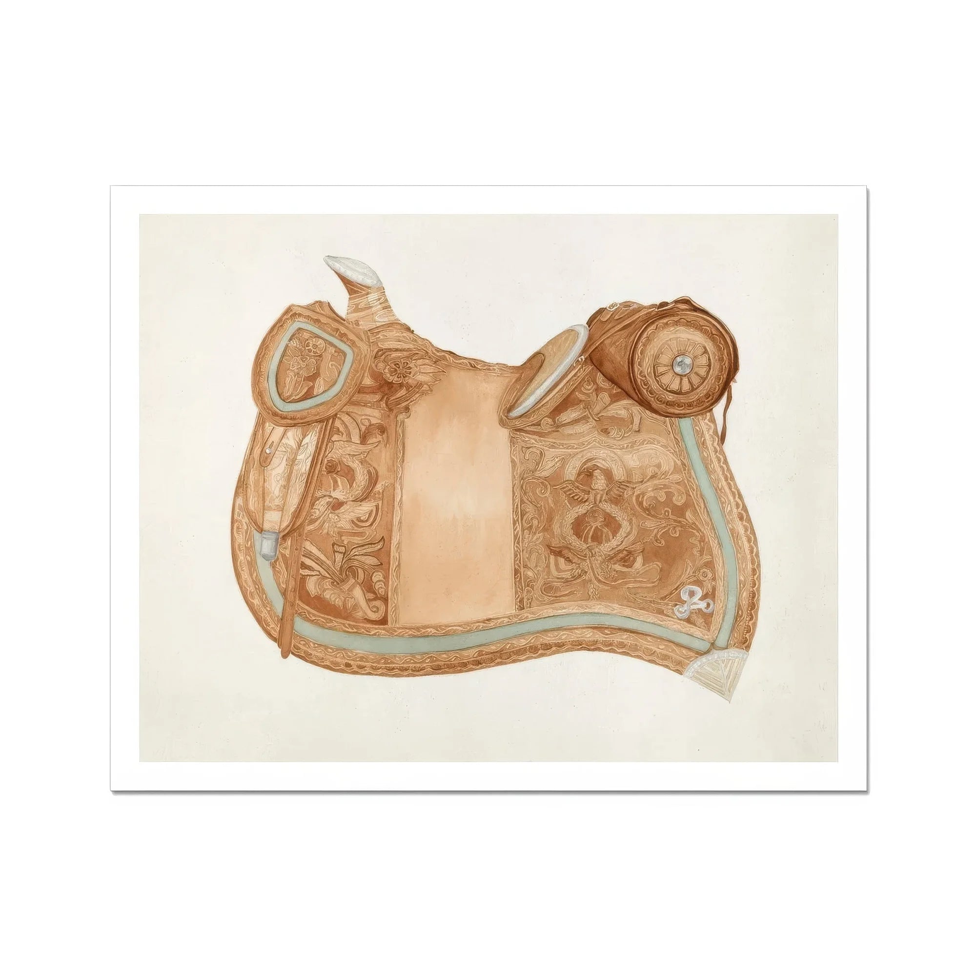 Leather Saddle - Ranka S. Woods 1930s Art Print, Ornate Leather Horse Saddle Turquoise Trim Decorative Floral