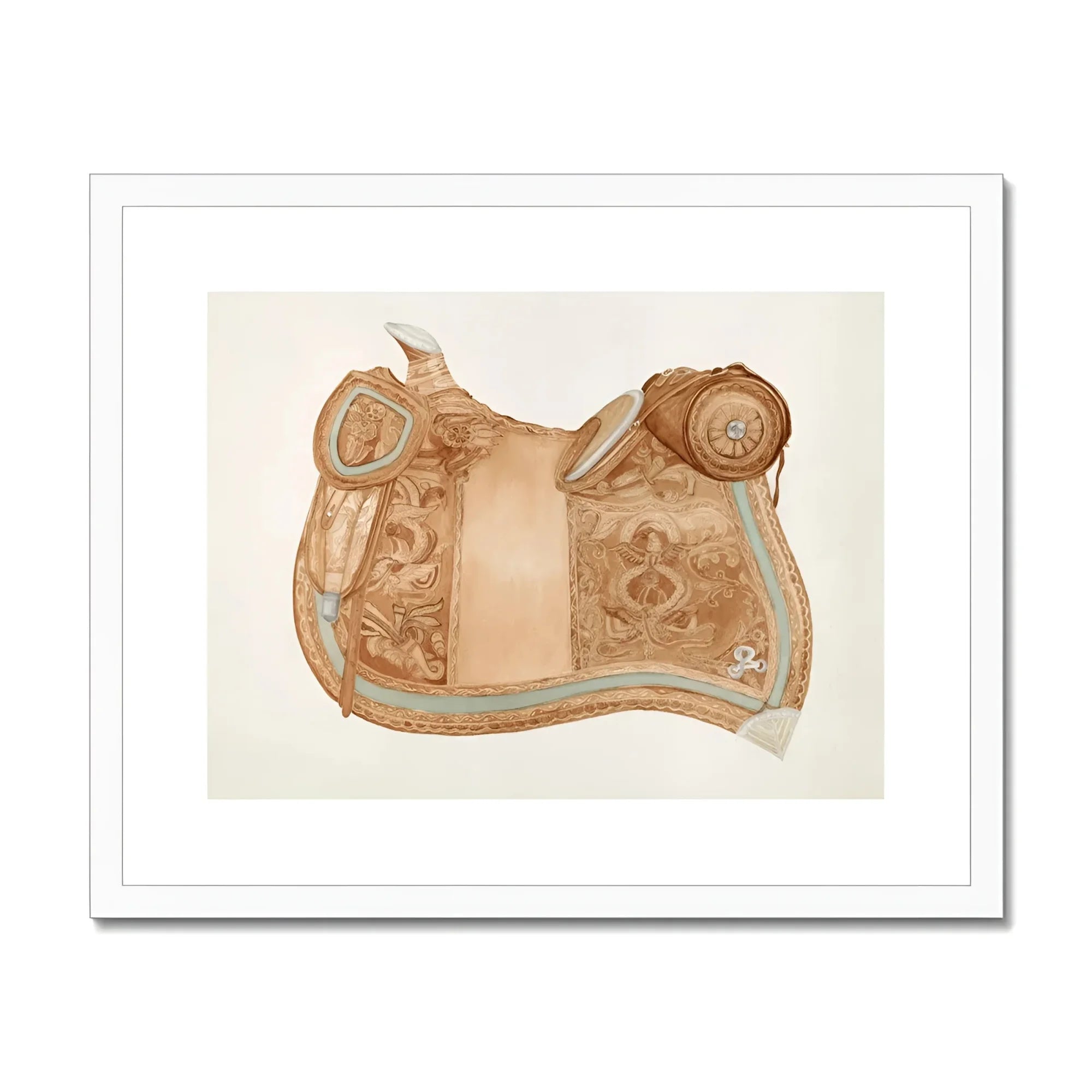 Leather Saddle - Ranka S. Woods 1930s Art Print, Ornately Decorated Leather Saddle Tooled Designs Turquoise Trim