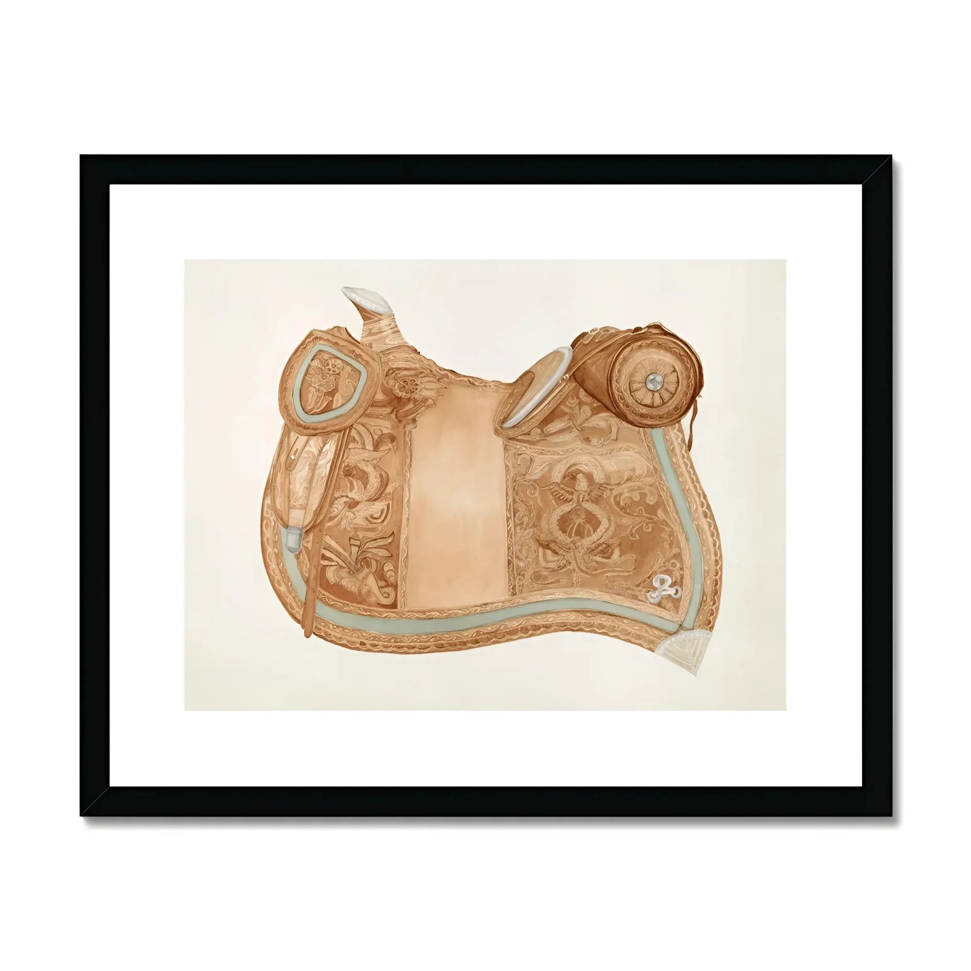 Leather Saddle - Ranka S. Woods 1930s Art Print, Ornately Tooled Leather Saddle Decorative Floral Patterns Turquoise