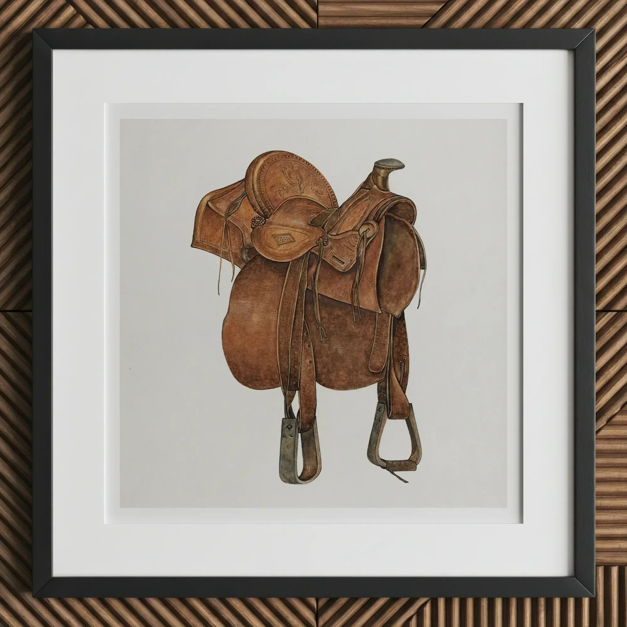 Leather Saddle - William Mcauley 1930s Equestrian Art Print, 12x12’’ / 31x31cm / Black Frame / 2’’ Matboard, Brown Leather Western Saddle