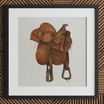 Leather Saddle - Lámina ecuestre de los años 1930 de William Mcauley / Lienzo, 12x12’’ / 31x31cm / Marco negro / Paspartú, Pósters, impresiones y arte visual