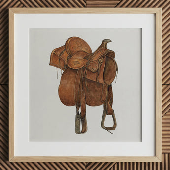 Leather Saddle - Lámina ecuestre de los años 1930 de William Mcauley / Lienzo, 12x12’’ / 31x31cm / Marco natural / Paspartú, Pósters, impresiones y arte visual
