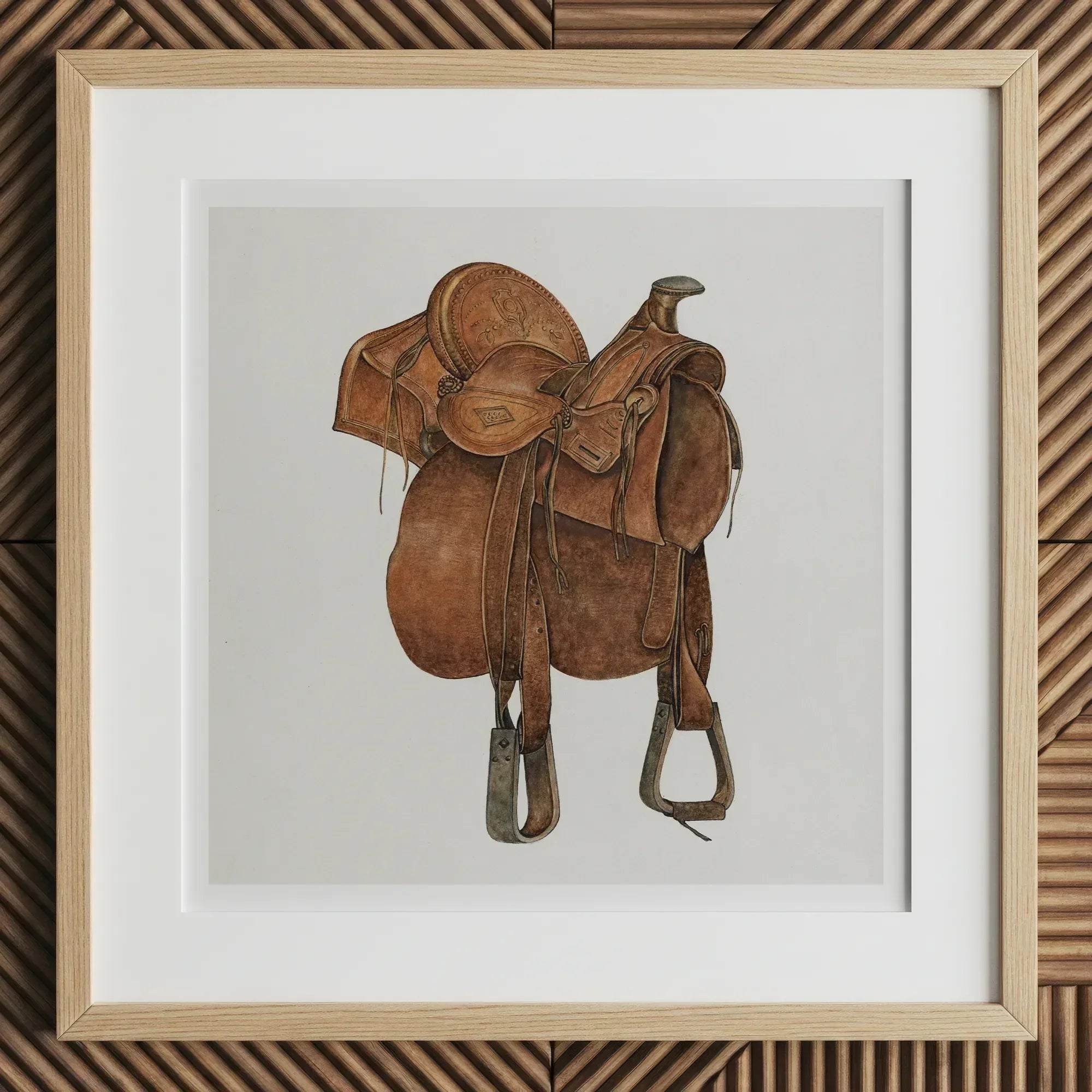 Leather Saddle - William Mcauley 1930s Equestrian Art Print, 12x12’’ / 31x31cm / Natural Frame / 2’’ Matboard, Brown Leather Western Horse