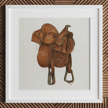 Leather Saddle - Lámina ecuestre de los años 1930 de William Mcauley / Lienzo, 12x12’’ / 31x31cm / Marco blanco / Paspartú, Pósters, impresiones y arte visual