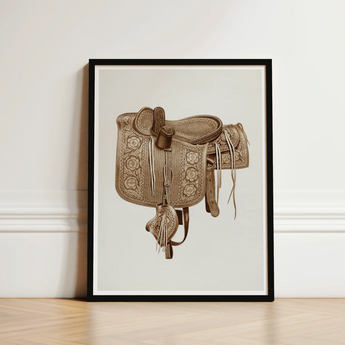 Sepia-toned Framed Illustration Intricately Tooled Leather Western Saddle Barks Equestrian Art, Print, Elegance