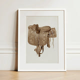 Leather Side Saddle - Frank C. Barks Equestrian Art Print / Canvas Detailed Sepia-toned Illustration Ornate Western Framed White, Elegance