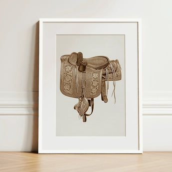 Leather Side Saddle - Frank C. Barks Equestrian Art Print / Canvas Detailed Sepia-toned Illustration Ornate Western Framed White, Elegance