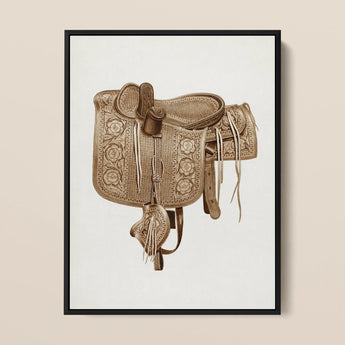 Leather Side Saddle - Frank C. Barks Equestrian Art Print / Canvas Detailed Sepia-toned Illustration Ornate Western Saddle Intricate Floral