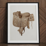 Leather Side Saddle - Frank C. Barks Equestrian Art Print / Canvas Detailed Sepia-toned Illustration Ornate Western Intricate Floral,