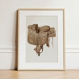 Leather Side Saddle - Frank C. Barks Equestrian Art Print / Canvas Detailed Sepia-toned Illustration Western Saddle Intricate Floral