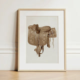 Leather Side Saddle - Frank C. Barks Equestrian Art Print / Canvas Detailed Sepia-toned Illustration Western Intricate Floral Geometric,