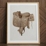 Leather Side Saddle - Frank C. Barks Equestrian Art Print / Canvas Detailed Sepia-toned Illustration Western Saddle Intricate Floral
