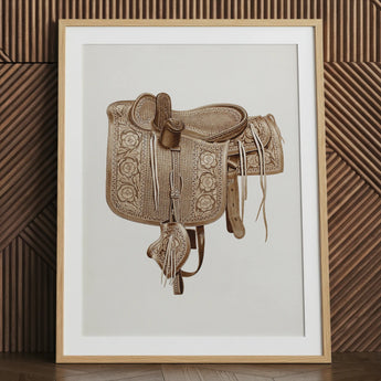 Leather Side Saddle - Frank C. Barks Equestrian Art Print / Canvas Detailed Sepia-toned Illustration Western Saddle Intricate Floral