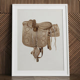 Leather Side Saddle - Frank C. Barks Equestrian Art Print / Canvas Detailed Sepia-toned Illustration Western Intricate Floral Tooling,