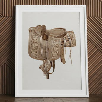 Leather Side Saddle - Frank C. Barks Equestrian Art Print / Canvas Detailed Sepia-toned Illustration Western Intricate Floral Tooling,