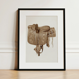 Leather Side Saddle - Frank C. Barks Equestrian Art Print / Canvas Sepia-toned Illustration Intricately Tooled Leather Western Saddle