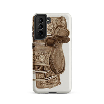 Leather Side Saddle - Frank C. Barks Equestrian Phone Case Samsung Galaxy S21 / Matte Detailed Sepia-toned Illustration Ornate Horse Saddle