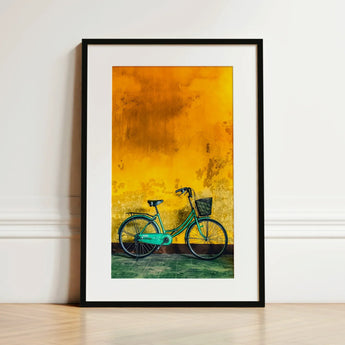 Lemon Lime - Hoi an Vietnam Bicycle Art Print / Canvas Framed Artwork Teal Bicycle Black Basket Orange Textured Vietnam Art, Arresting Art
