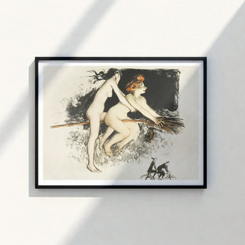 Black-framed Artwork Two Nude Women Broomstick Rendered Ink Witches Fuse, Jean Vebar Art Print, Ocher Air
