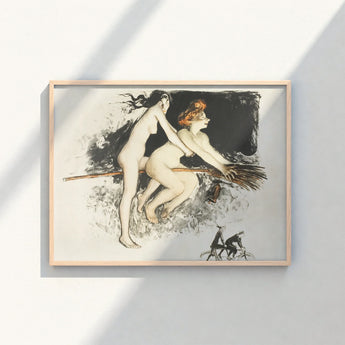 Framed Artwork Two Nude Figures Broomstick Rendered Black Witches Fuse, Jean Vebar Art Print, Ocher Air