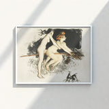 White-framed Artwork Stylized Illustration Two Nude Women Broomstick Witches Fuse, Jean Vebar Art Print, Ocher Air