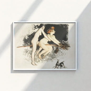 White-framed Artwork Stylized Illustration Two Nude Women Broomstick Witches Fuse, Jean Vebar Art Print, Ocher Air