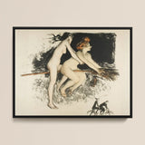 Les Sorcieres Ou Tandem - Jean Veber Art Print / Canvas Black-framed Artwork Two Nude Women Broomstick Woman Red Witches Fuse, Jean Vebar