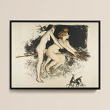 Les Sorcieres Ou Tandem - Jean Veber Art Print / Canvas Black-framed Artwork Two Nude Women Broomstick Woman Red Witches Fuse, Vebar, Ocher