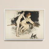 Les Sorcieres Ou Tandem - Jean Veber Art Print / Canvas Framed Artwork Two Nude Women Broomstick Rendered Black Witches Fuse, Vebar, Ocher