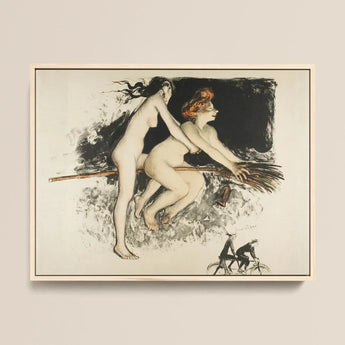 Les Sorcieres Ou Tandem - Jean Veber Art Print / Canvas Framed Artwork Two Nude Women Broomstick Rendered Black Witches Fuse, Jean Vebar