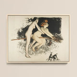 Les Sorcieres Ou Tandem - Jean Veber Art Print / Canvas Framed Artwork Two Nude Women Broomstick Rendered Black Witches Fuse, Vebar, Ocher