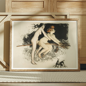 Les Sorcieres Ou Tandem - Jean Veber Art Print / Canvas Framed Art Print Two Nude Women Broomstick Witches Fuse, Jean Vebar Print, Ocher Air