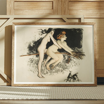 Les Sorcieres Ou Tandem - Jean Veber Art Print / Canvas Framed Two Nude Women Broomstick Witches Fuse, Vebar, Ocher Air Prints