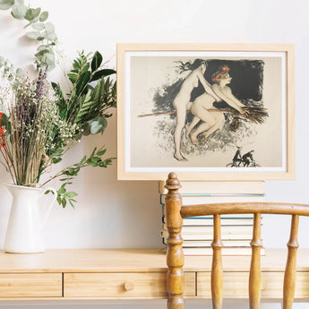 Les Sorcieres Ou Tandem - Jean Veber Art Print / Canvas Framed Two Nude Women Broomstick Witches Fuse, Vebar, Ocher Air Prints
