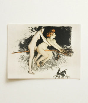 Vintage-style Illustration Print Two Nude Women Broomstick Dark Witches Fuse, Jean Vebar Art, Ocher Air