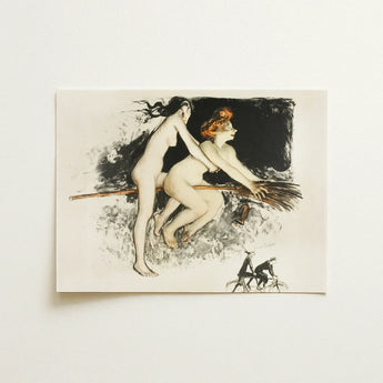 Les Sorcieres Ou Tandem - Jean Veber Art Print / Canvas Vintage-style Illustration Two Nude Women Broomstick Dark Witches Fuse, Vebar,