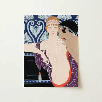 Les Trois Beautes De Mnasidika - George Barbier Art Print / Canvas Deco-style Illustrated Postcard Woman Purple Red Attire, Deco