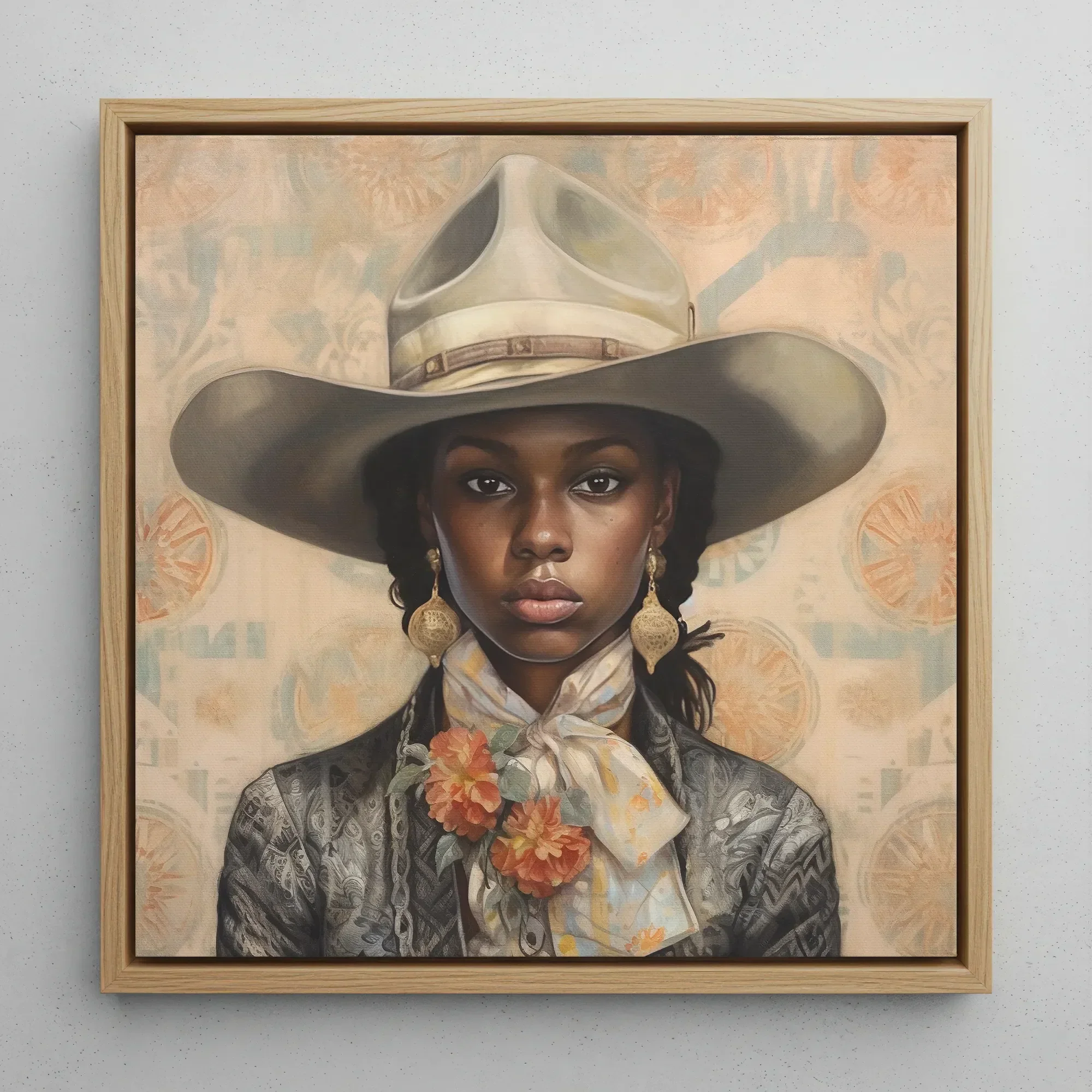 Letitia - Black Lesbian Cowgirl Art Framed Canvas, 12x12’’ / 31x31cm / Natural Floating Frame, Framed Oil Painting Woman Cowboy Hat