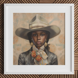 Letitia - Schwarze lesbische Cowgirl-Kunstgrafik / Leinwand, 12x12’’ / 31x31cm / Weißer Rahmen / Passepartout, Poster, Drucke & visuelle Kunstwerke, Toby Leon