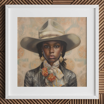 Letitia - Schwarze lesbische Cowgirl-Kunstgrafik / Leinwand, 12x12’’ / 31x31cm / Weißer Rahmen / Passepartout, Poster, Drucke & visuelle Kunstwerke, Toby Leon