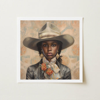 Letitia - Black Lesbian Cowgirl Art Print / Canvas Framed Portrait Woman Wide-brimmed Beige Hat Ornate Earrings, Elegant Outlaw Reminding,