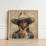 Framed Portrait Woman Wide-brimmed Beige Hat Ornate Silver Lesbian Cowgirl Art, Elegant Outlaw Reminding, Black