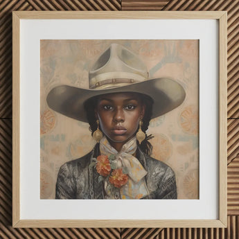 Letitia - Black Lesbian Cowgirl Art Print / Canvas Cowboy Hat Floral Accents White Band Brown Leather Lesbian Cowgirl Art, Elegant Outlaw